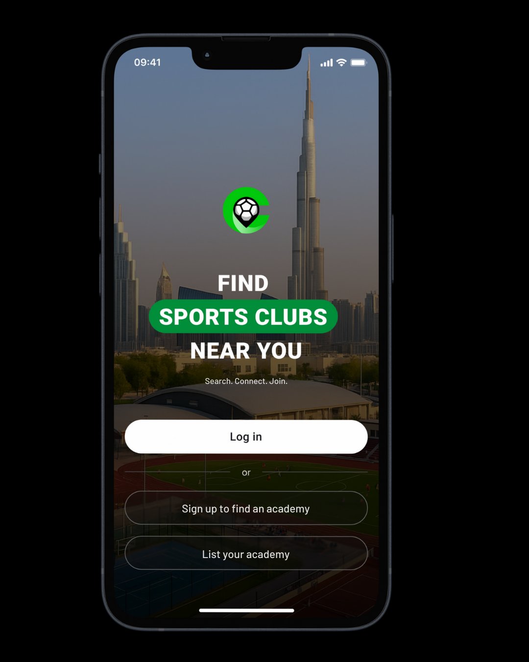 The Clubble app home screen showing how parents find sports clubs in Dubai