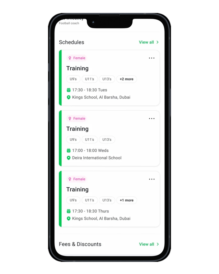 Academy coaches and training schedules shown on a Clubble profile