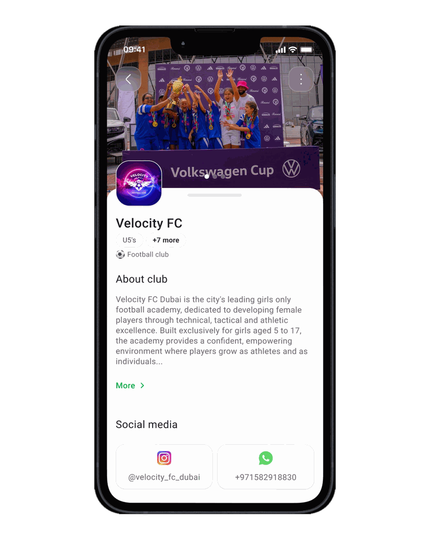 A full academy profile on Clubble showing bio, age groups and social media