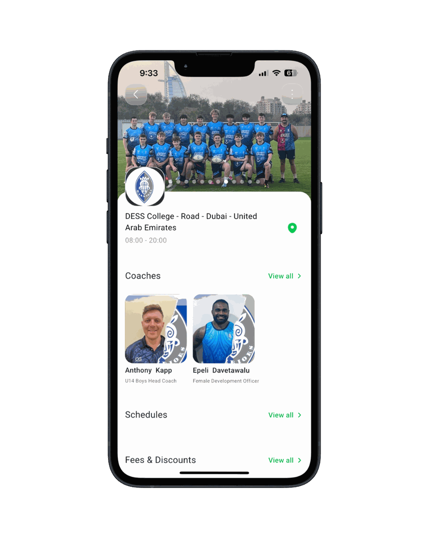 Clubble app academy profile that helps parents find and contact a new academy