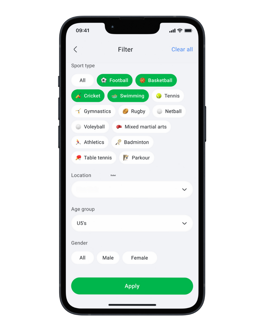Parents filter by sport, location, age group and gender before they see your academy