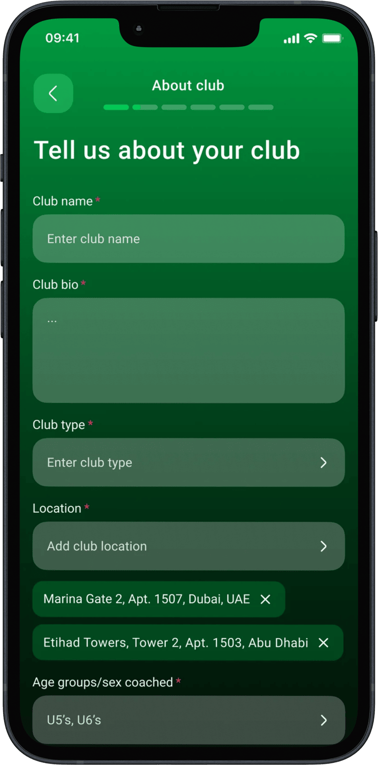 Clubble app academy details setup screen