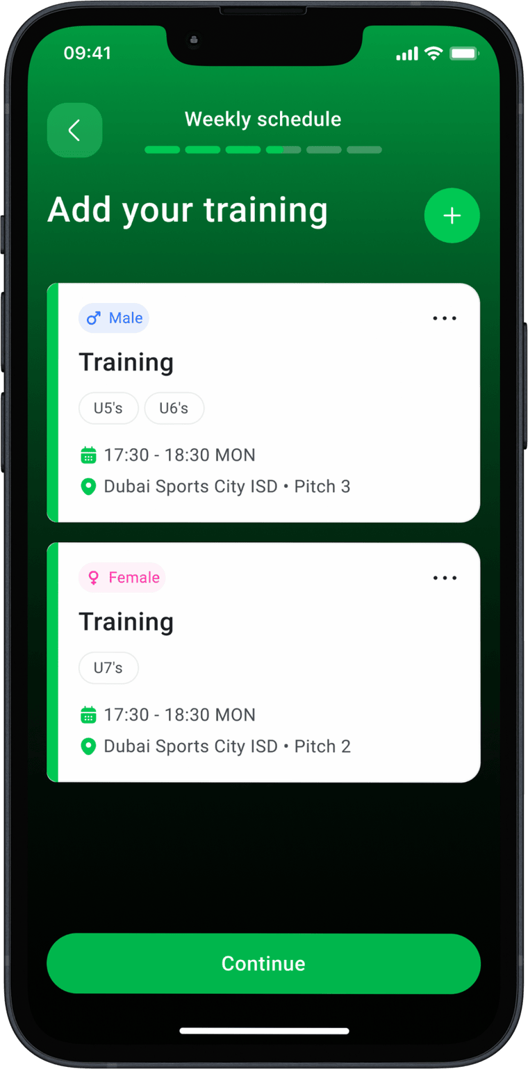 Clubble app weekly training schedule screen