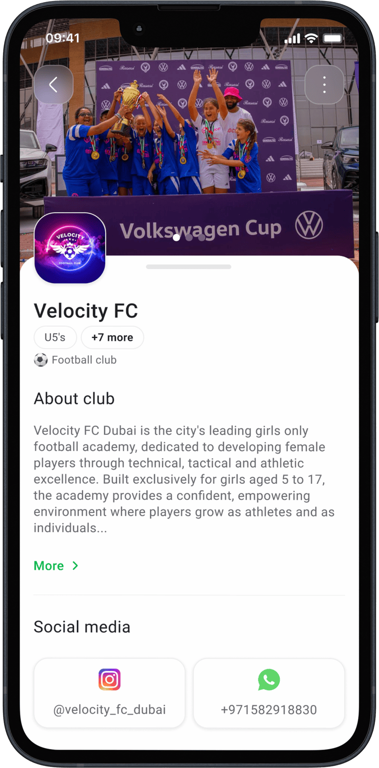 Velocity FC profile on Clubble showing bio, age groups and social media