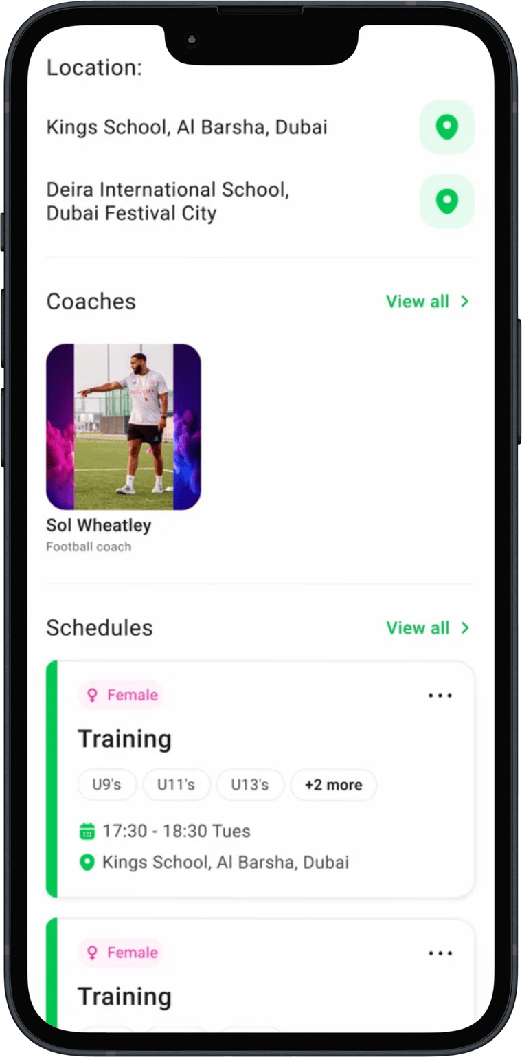 Velocity FC profile showing location, coaches and training schedule