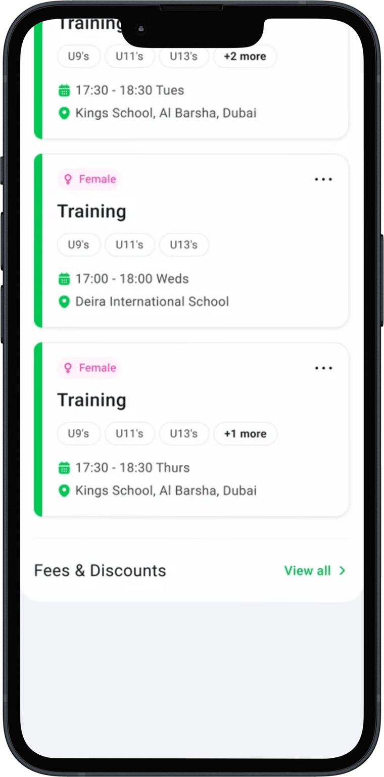 Velocity FC profile showing full schedule and fees and discounts