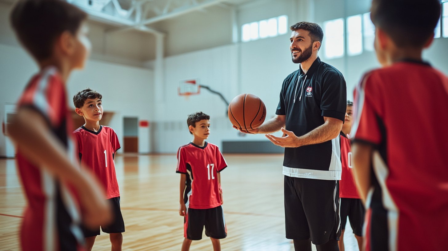 A UAE basketball coach demonstrating shooting technique to a small group of young players on an indoor court