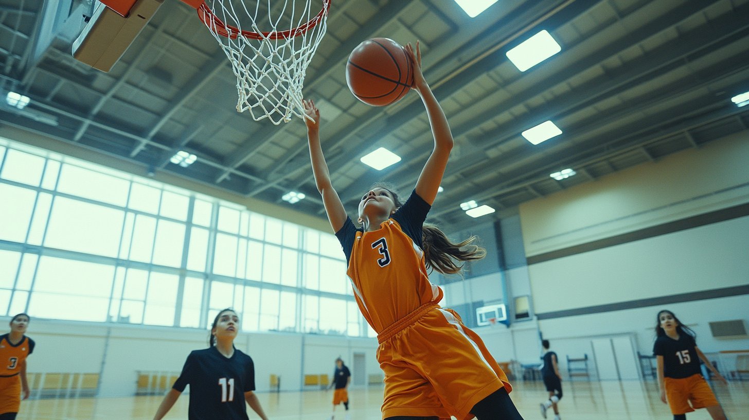 A young UAE female basketball player executing a layup at the rim during a youth basketball match