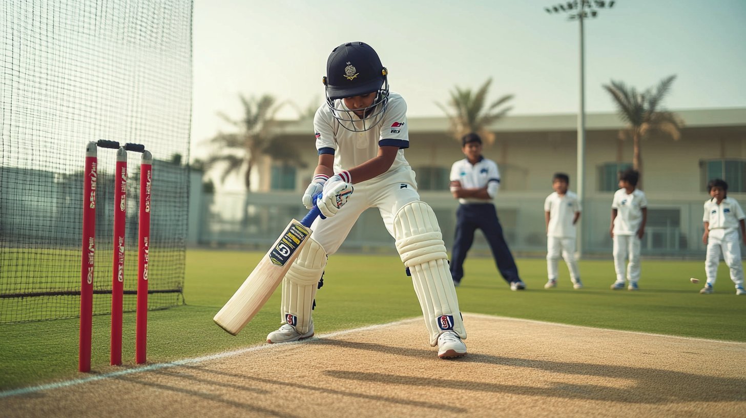 A young UAE cricket player batting in the nets during an academy training session in white cricket kit