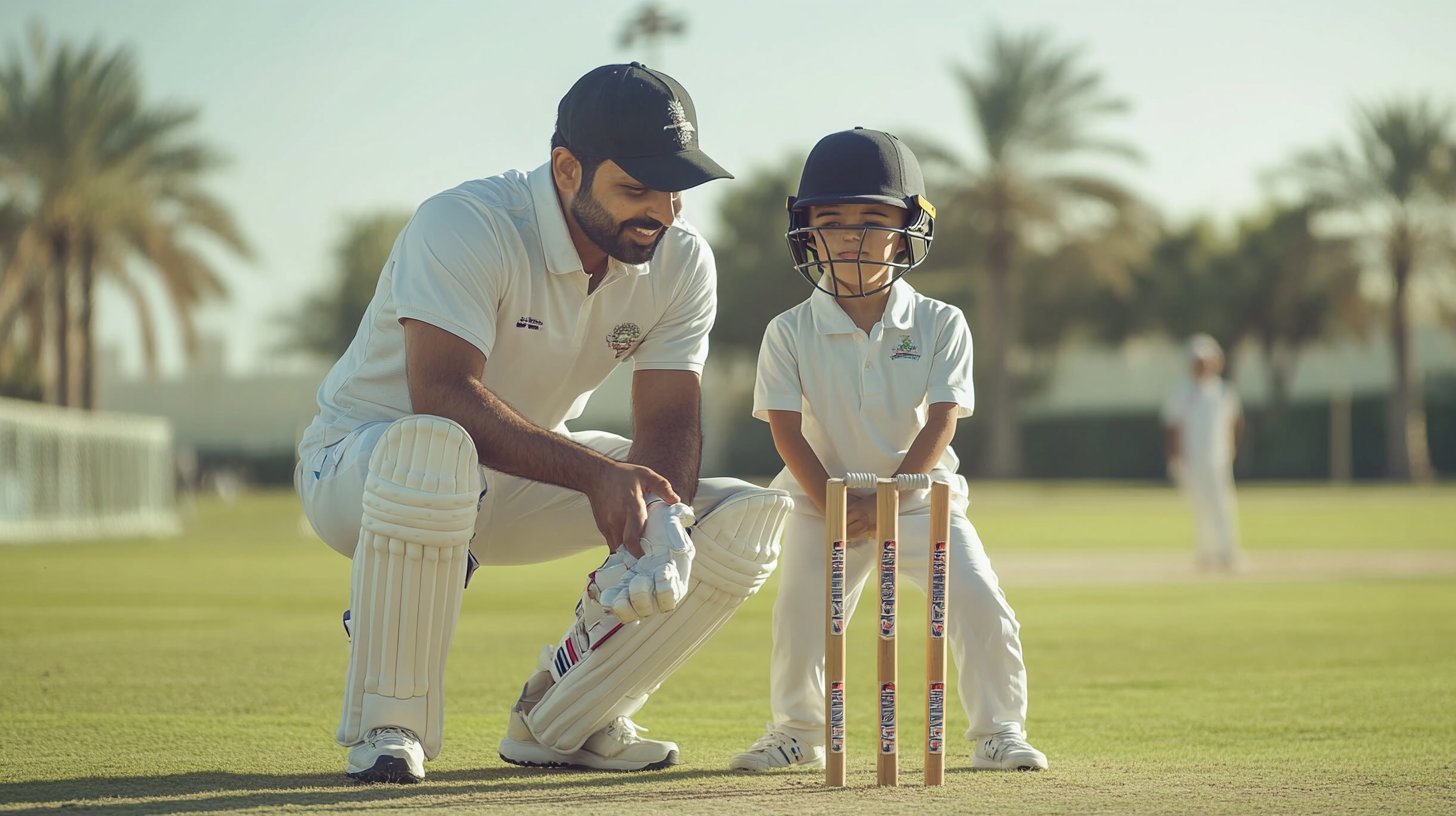 A UAE cricket coach mentoring a young player on technique at a UAE cricket academy session