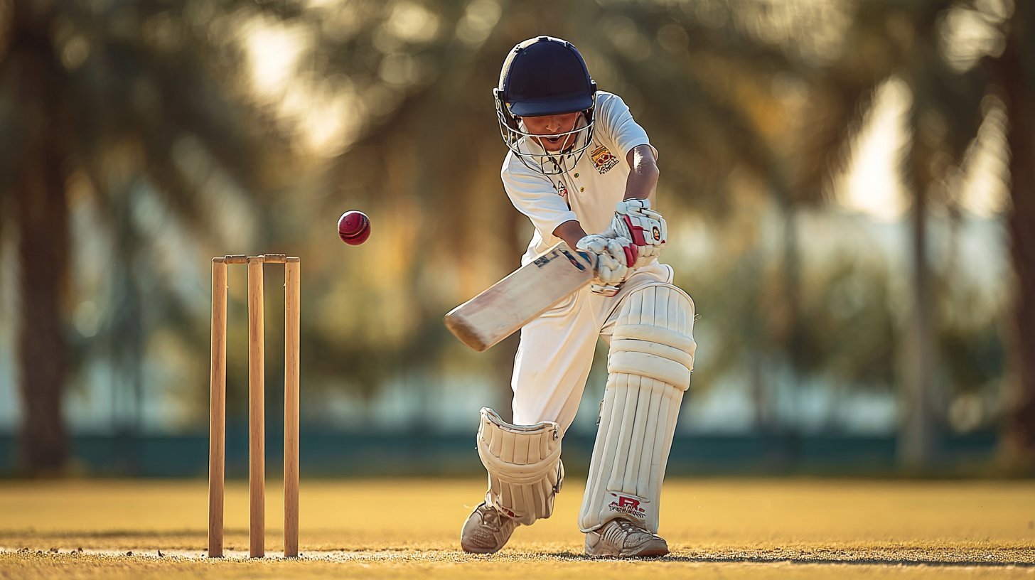 A young UAE cricket player executing a clean shot in full cricket whites at a UAE cricket academy