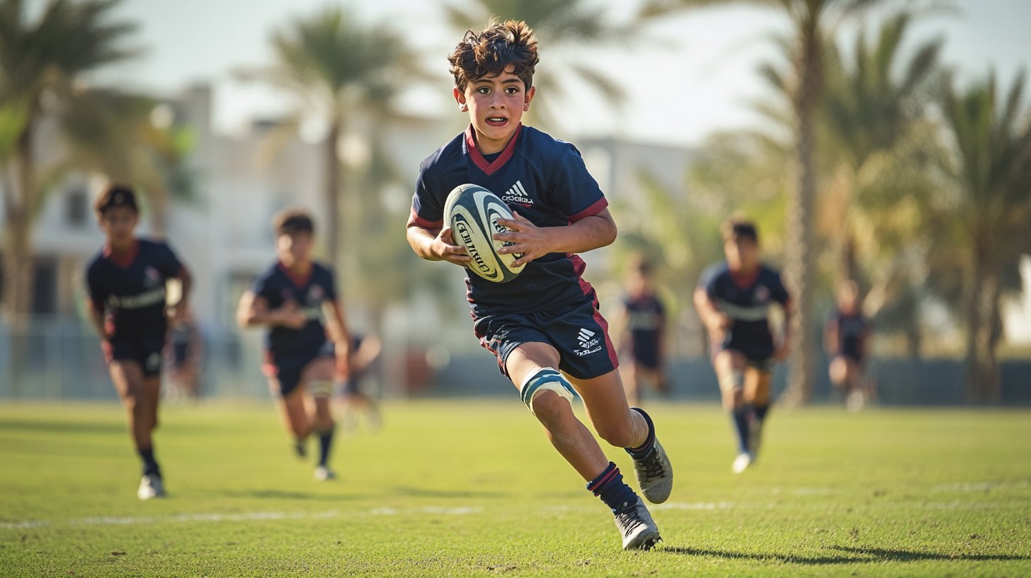 A young UAE rugby player running with the ball during a junior rugby match in Dubai