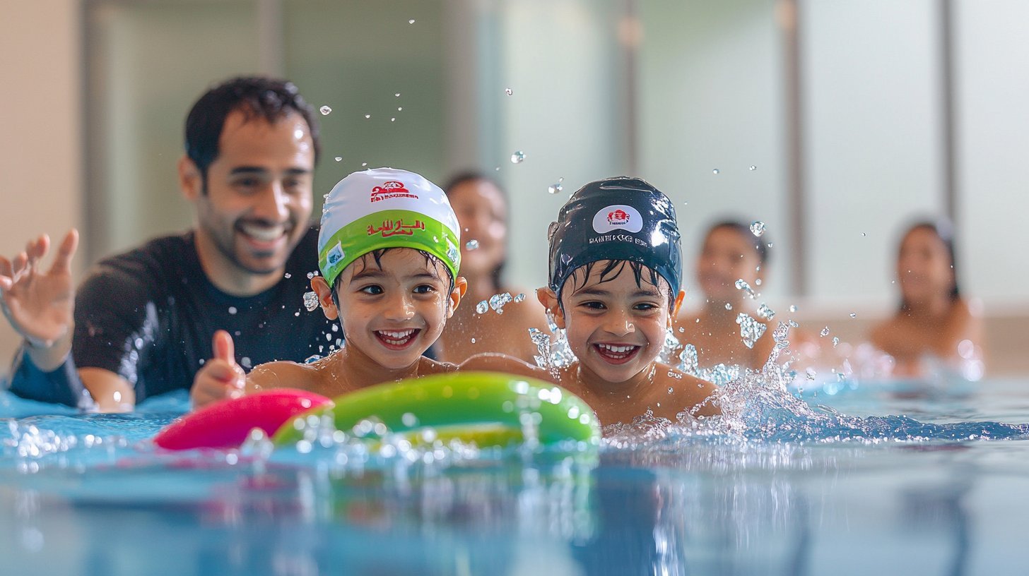 A swim coach teaching young children in a UAE swim school foundation lesson with kickboards and floats
