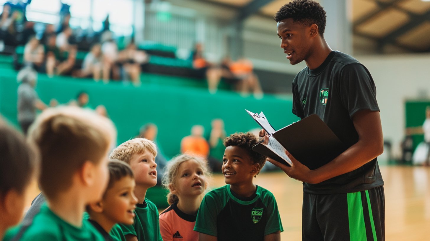 A sports coach with a clipboard explaining a session plan to a group of children